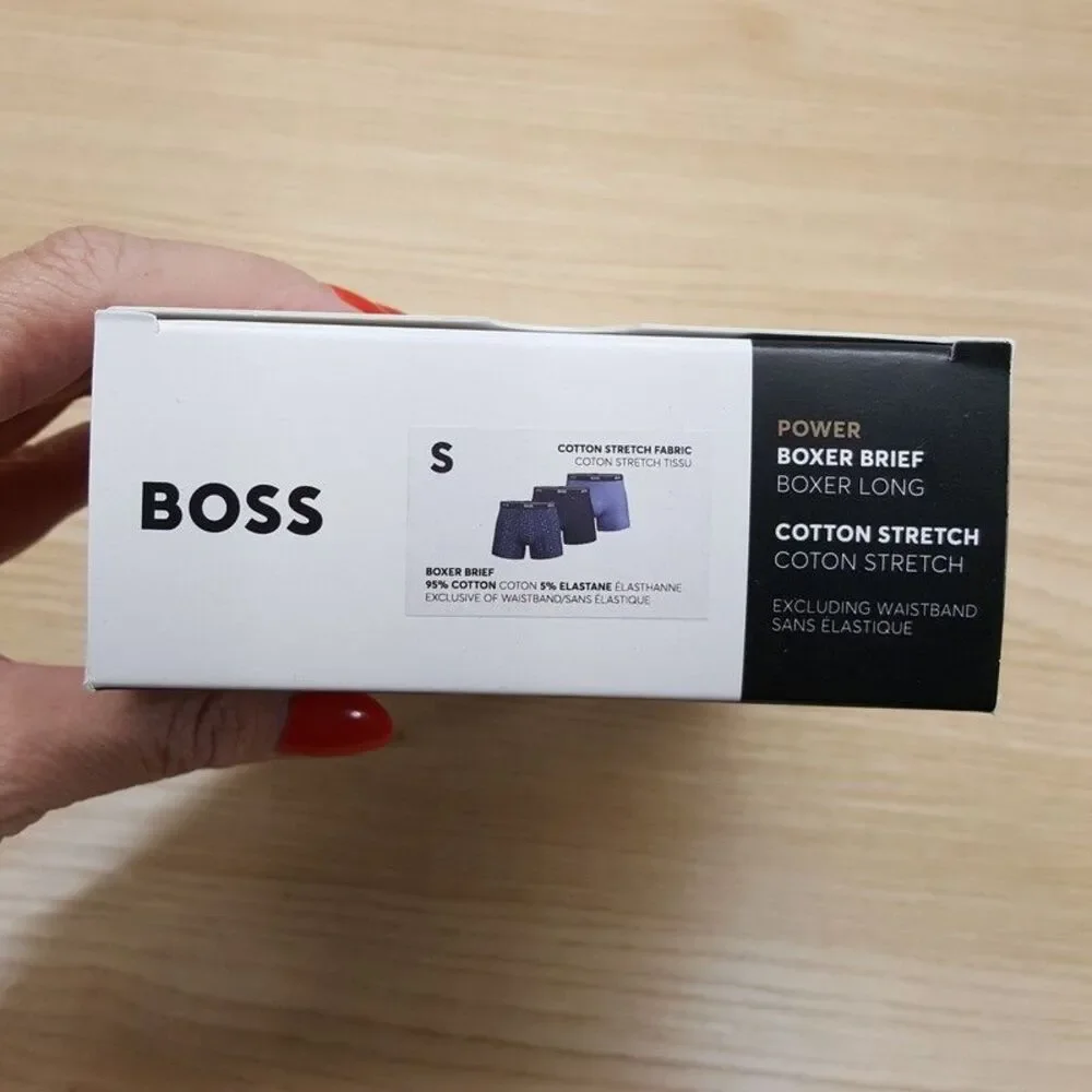 HUGO BOSS Boxer Briefs Long Mens Small Navy Blue 3-Pack Power Cotton Stretch